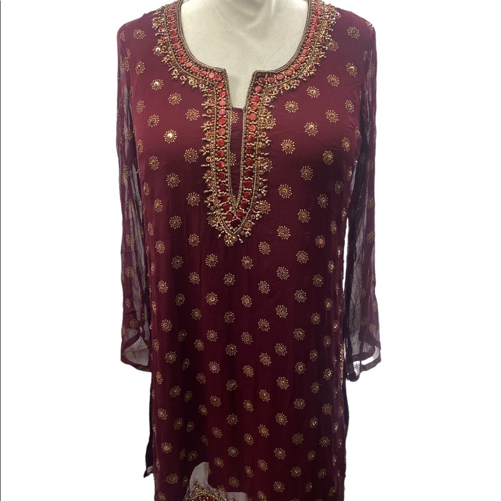 Embellished Burgundy Tunic Top with Gold Accents
